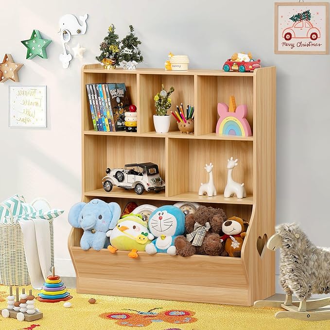 Lerliuo Kids Toy Storage Organizer, 3 Tier Children Small Bookcase and Bookshelf, Toddler 7 Cubby Toy Storage Cabinet, Toy Shelf for Playroom, Bedroom, Living Room, Nursery, School 29.53'' H (Natural)