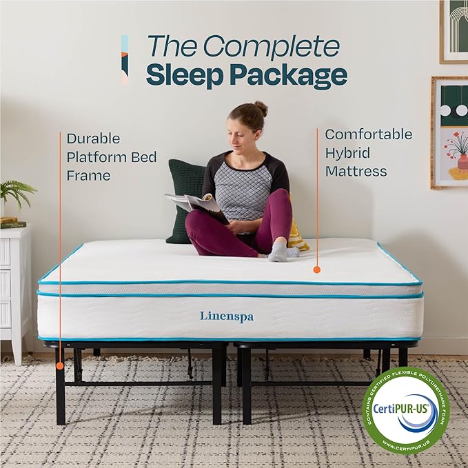 Linenspa 10” Memory Foam and Innerspring Hybrid Mattress + 14” Black Metal Platform Bedframe – Queen Mattress + Metal Folding Queen Bedframe