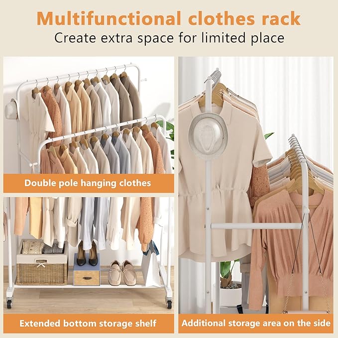 Laiensia Double Rods Garment Rack with Wheels, Clothing Rack for Hanging Clothes,4 Hooks, Multi-functional Bedroom Clothes Rack, White