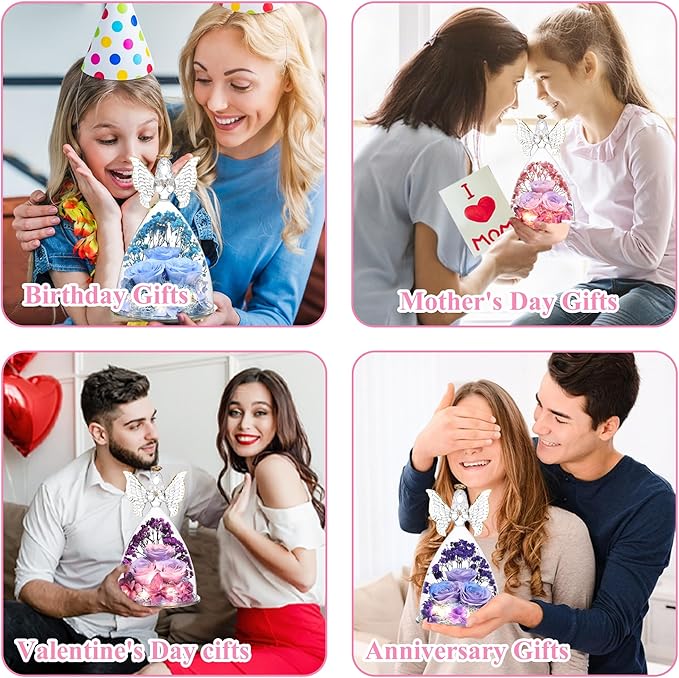 Ocosy Mothers Day Rose Gifts for her, Large Angel Rose Gifts for Women, Forever Real Roses in Angel Figurines, Angel Guardian with Roses Flower,PinkPurplePink