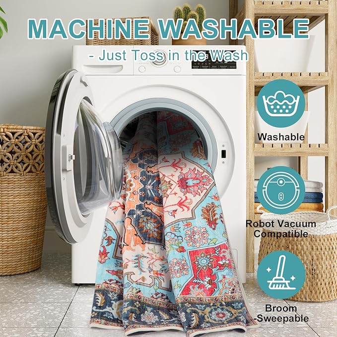 WILLSUN Washable Area Rugs, 5x7 Non-Slip Boho Large Area Rugs for Living Room, Bedroom, Machine Washable Vintage Rug, Indoor Floral Print Carpet for Home Decor, Kid & Pet Friendly Mat
