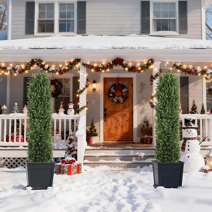 THE BLOOM TIMES 6FT Tall Artificial Cedar Topiary Trees Set of 2, UV Resistant Large Faux Cypress Evergreen Plants for Outdoor Planters, Realistic Fake Bushes & Shrubs for Front Porch Christmas Decor