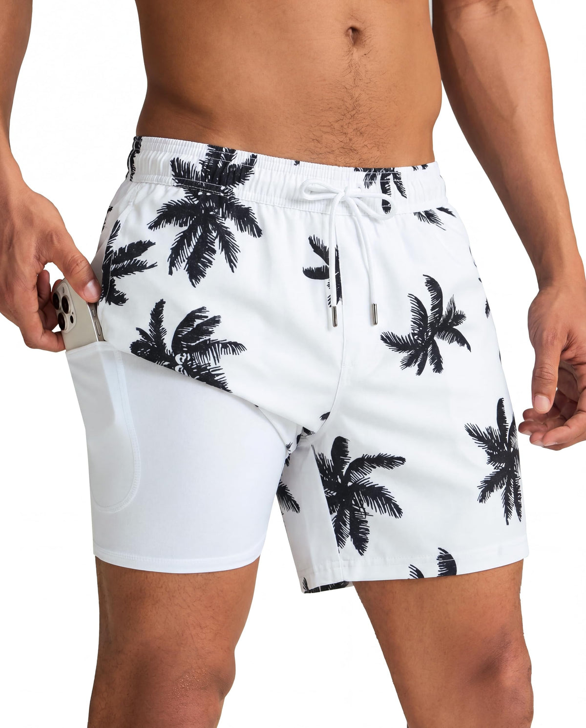 maamgic Mens Swim Trunks with Compression Liner 5 Inch, Quick Dry Bathing Suit with Zipper Pockets, Stretch No-Chafing Swim Shorts, White-Palm Tree Small