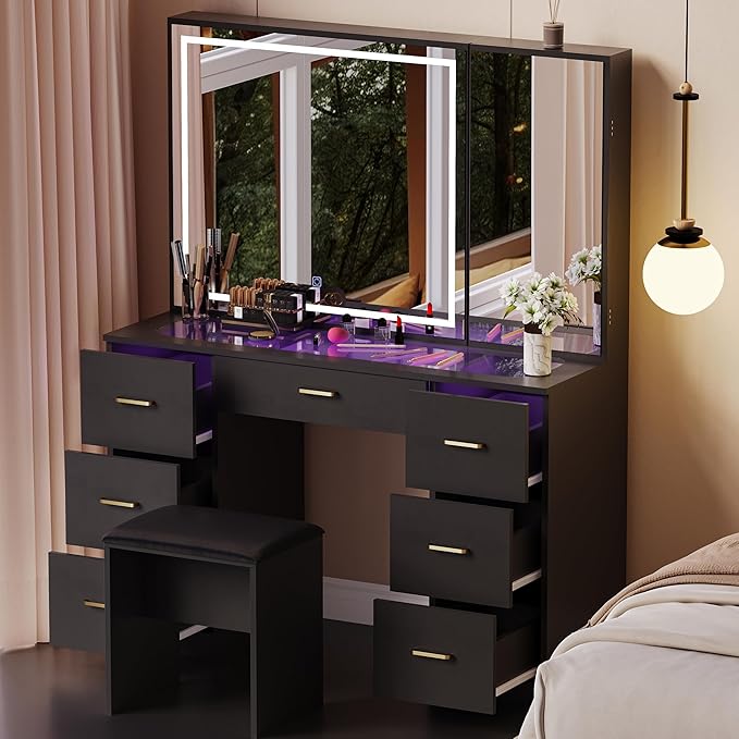 Glass Top Makeup Vanity Desk with Large Mirror and LED Lights,Vanity Stool&Storage Bench,Black Vanity with Hidden Storage Mirror Cabinet&7 Drawers,Makeup Organizer Countertop for Room