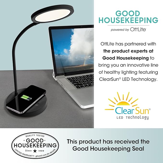 OttLite Good Housekeeping Circular LED Desk Lamp with Wireless Charging - Designed to Reduce Eyestrain - Adjustable Neck, 3 Color Modes - Crafting, Office Work, Reading & Studying
