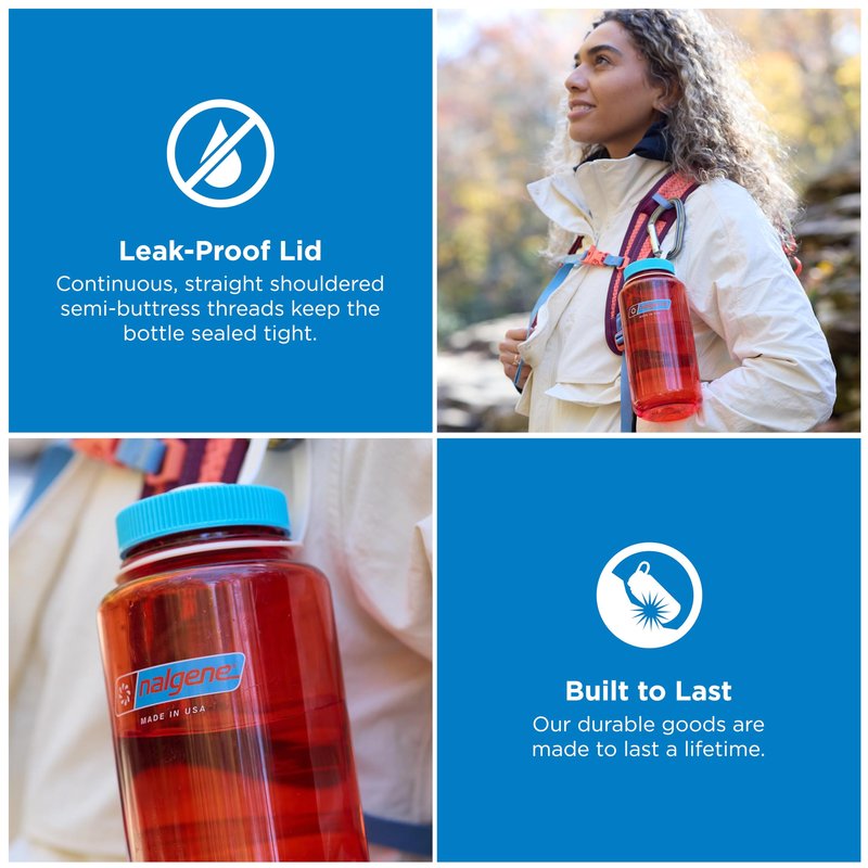 Nalgene 32 oz Wide Mouth Water Bottle | BPA-Free, Durable & Leak Proof, Lightweight for Hiking, Work & Gym – Thrill & Motion, Flame w/Blue Atoll