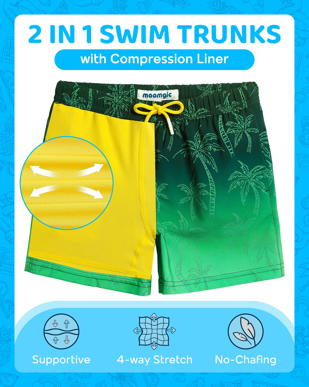 maamgic Boys Swim Trunks with Compression Liner 4-Way Stretch Quick Dry Bathing Suit Toddler Beach Shorts Green Coconut 8 Years