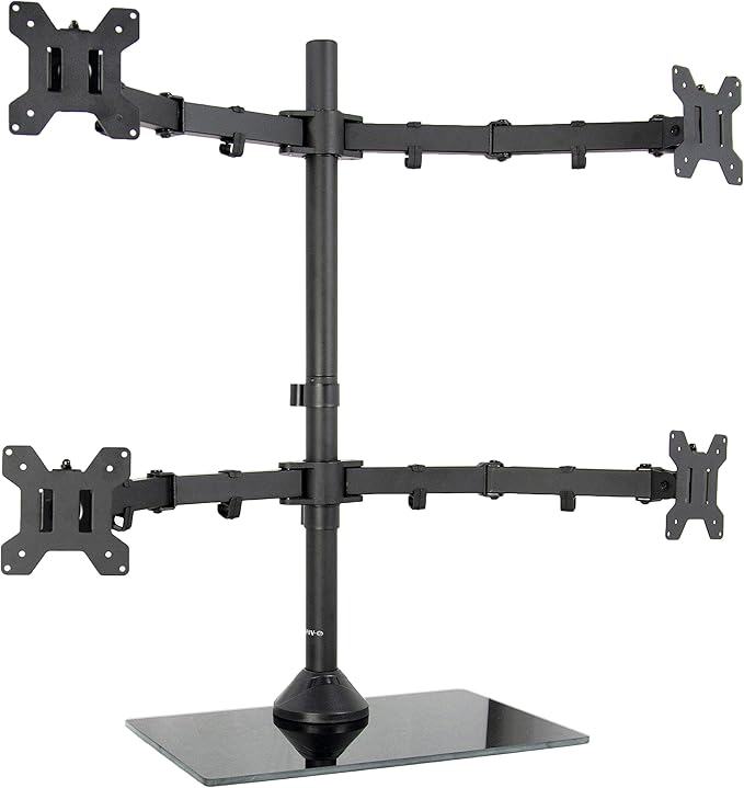 VIVO Black Adjustable Quad Monitor Desk Stand Mount, Free Standing Heavy Duty Glass Base, Holds 4 Screens up to 27 inches, STAND-V004FG