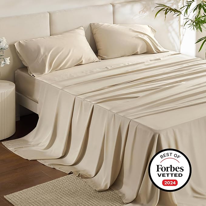 Bedsure Full Size Bed Sheets, Cooling Sheets, Rayon Derived from Bamboo, Breathable & Soft, Deep Pocket Up to 16 Inches, Hotel Luxury Silky Bedding for Hot Sleepers, Beige