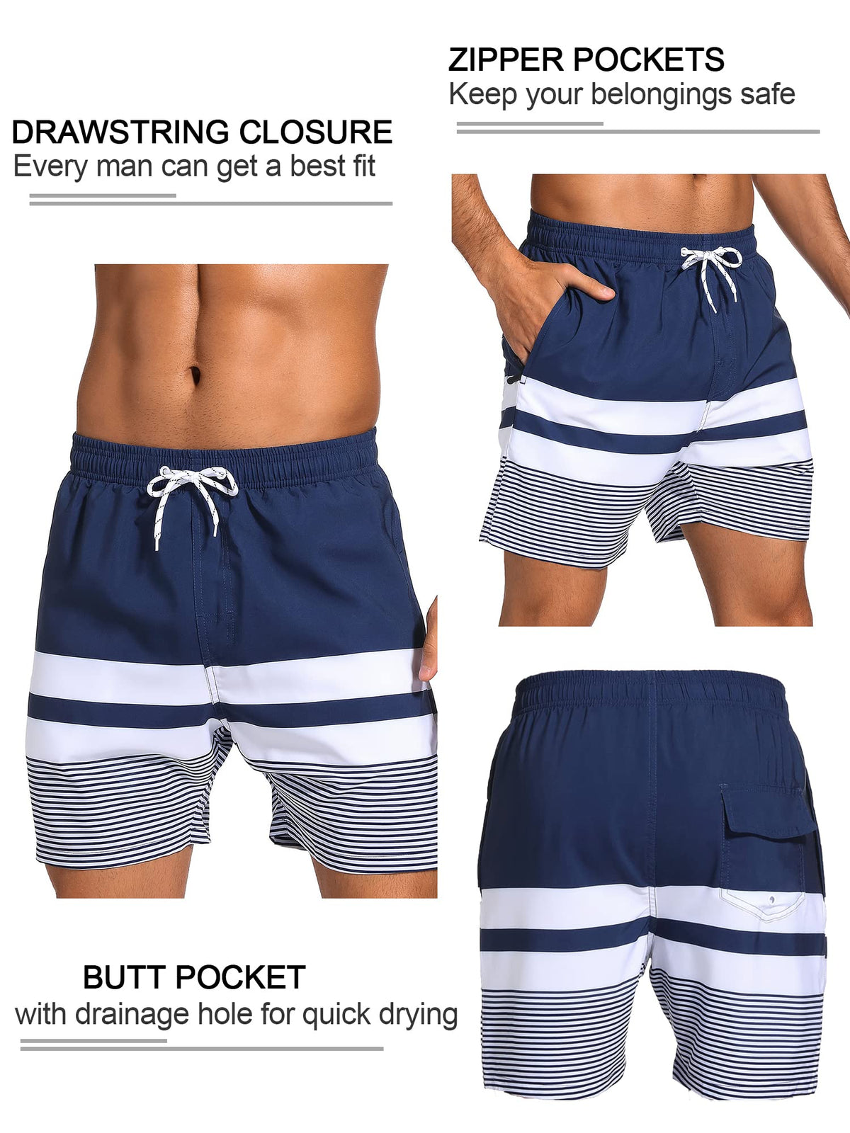 SILKWORLD Quick Dry Mens Swim Trunks with Compression Liner Stretch Swim Shorts Bathing Suits with Zipper Pockets,Dark Navy&White Stripes,X-Large