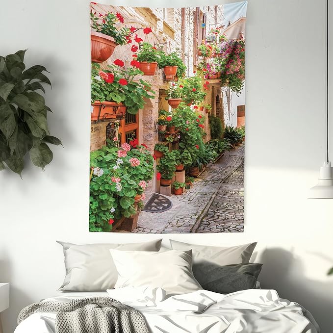 Ambesonne Italian Tapestry Queen Size, Street View of a Small Renaissance Town with Floral Porches and Rock Mediterranean, Wall Hanging Bedspread Bed Cover Wall Decor, 88" X 88", Pale Brown