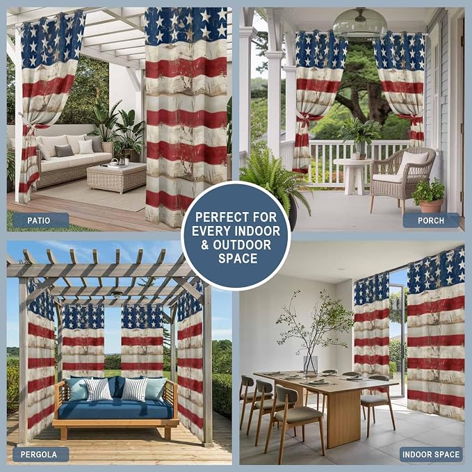 4th of July Outdoor Curtains for Patio USA Flag Independence Day Vintage