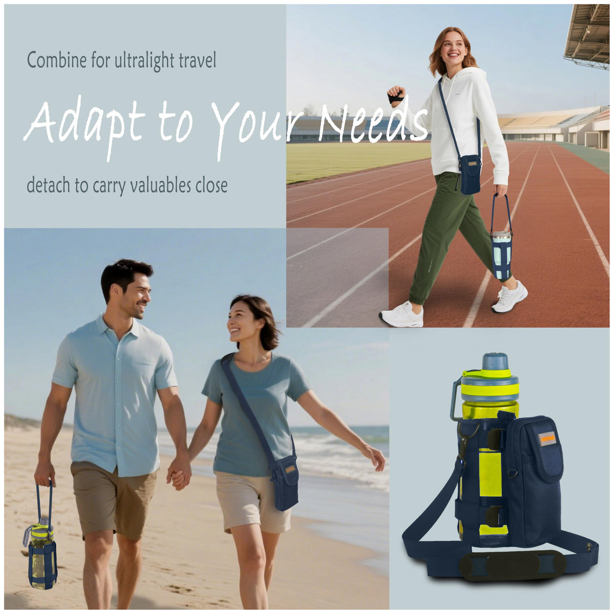 EVOTAUS Water Bottle Holder with Strap - MOLLE Bottle Carrier Sling for Walking - Manual Strap Adjustment for Precise Fit of Most 18-64 oz Bottles (Check Size Fit Guide), Blue