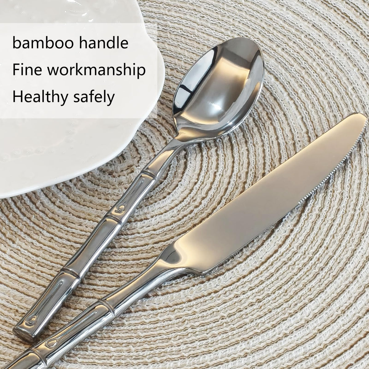 Bamboo 20-Piece Silverware Set, Stainless Steel Flatware Set, Cutlery Set Mirror Polished, Dishwasher Safe, Service for 4