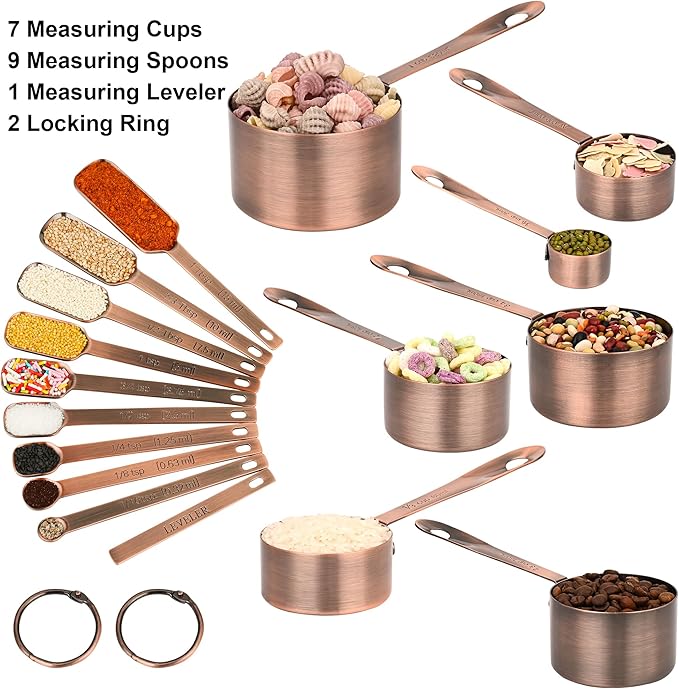 Nstezrne Copper Measuring Cups and Spoons Set 17 for Dry & Liquid, Metric & Us Stainless Steel Measuring Cups and Spoons Set with Leveler for Kitchen & Baking with 3/4 & 2/3 Measurer Cup