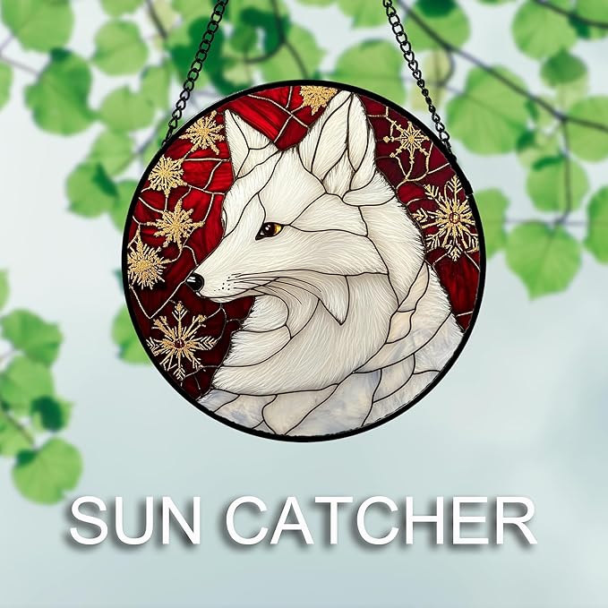 Stained Glass Window Hanging 4 Pcs Set Red Golden Snowflakes 7.8" - Christmas Elk Rabbit Suncatcher Door Garden Sun Catcher Decor Birthday for Mom Woman Nana Men