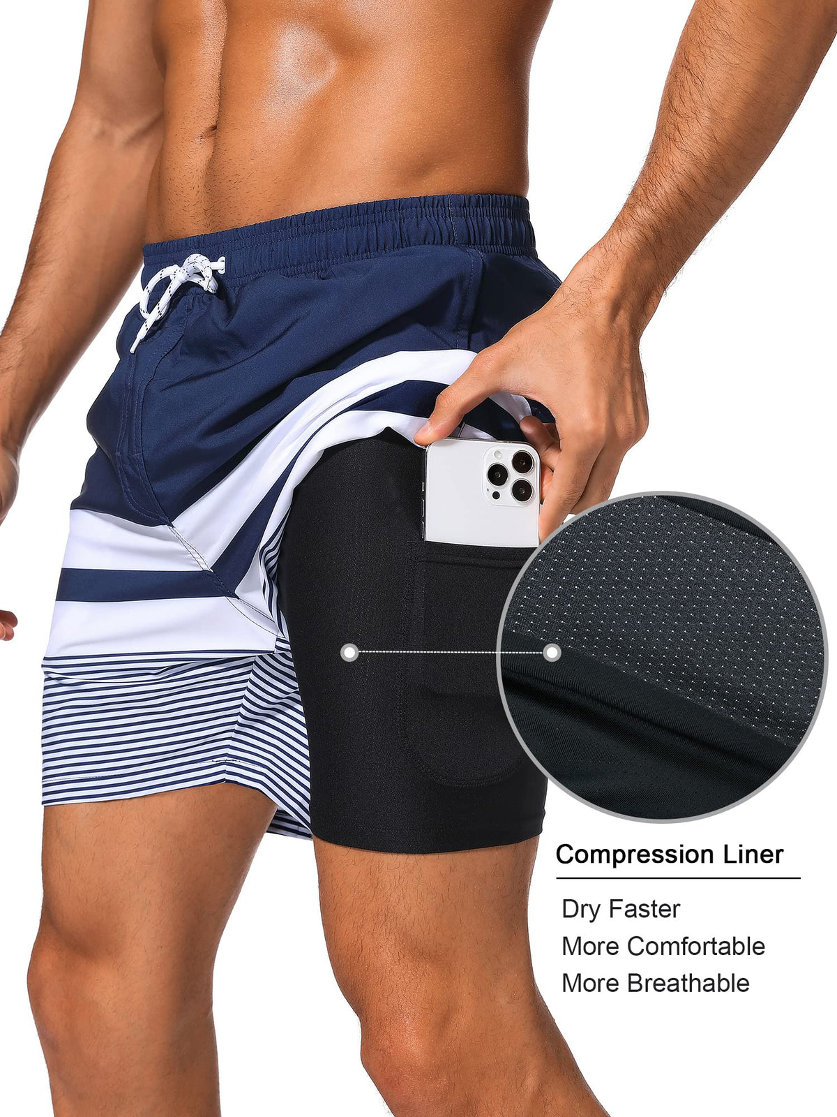SILKWORLD Quick Dry Mens Swim Trunks with Compression Liner Stretch Swim Shorts Bathing Suits with Zipper Pockets,Dark Navy&White Stripes,X-Large