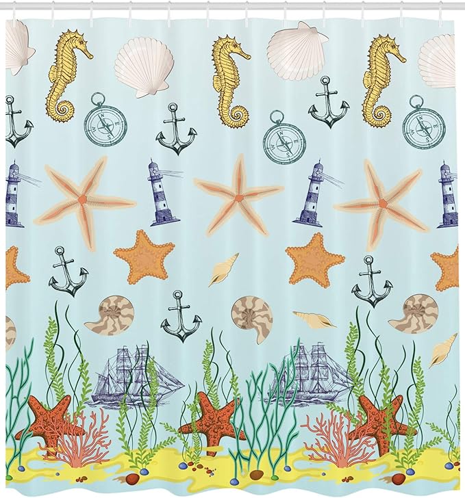 Ambesonne Seahorse Shower Curtain Sea Creatures Lighthouse Nautical Anchor Sail Boats Ocean the Coastal Seaside Seashore Marine Home Underwater Decor Bathroom Yellow Khaki Green Baby Blue 69" W/70 L