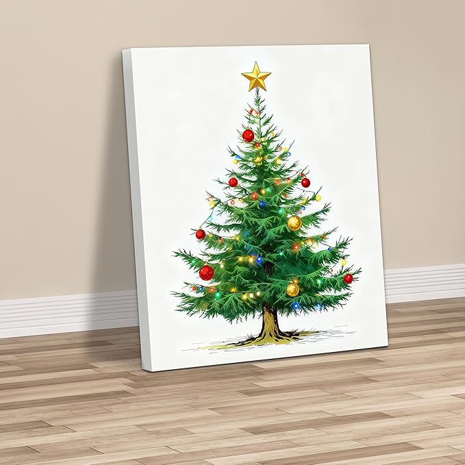 Framed Christmas Pictures Wall Decor,Vintage Pine Tree Prints,Winter Christmas Canvas Wall Art Decoration for Bedroom Bathroom Living Room Rustic Xmas Holiday Gifts (Christmas Tree 7, 16'' X 24'')