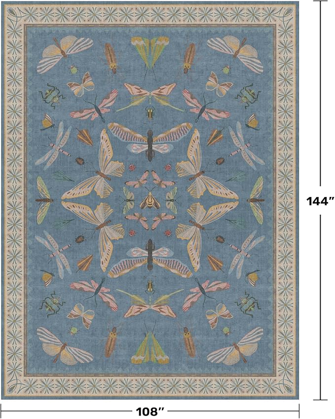 Insect Light Blue Rug for Living Room - 9x12 Cute Rugs for Bedroom, Moth Floral Boho Design, Low Pile Stain Resistant Washable, Perfect for High Traffic Area