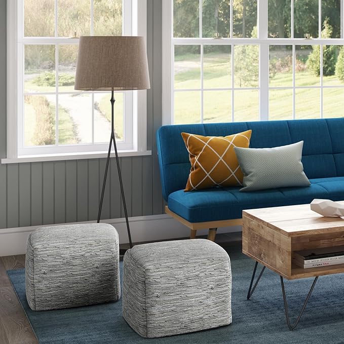 SIMPLIHOME Fredrik Boho Square Pouf in Cream Woven Genuine Leather for the Living Room, Bedroom and Kids Room