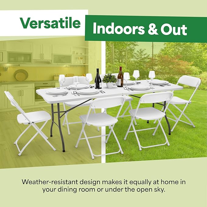 EconoHome White 6ft Folding Table with Handle | Heavy-Duty Foldable Table | Portable Table for Indoor & Outdoor Use | Perfect for Events, Camping, Parties, Dining & More