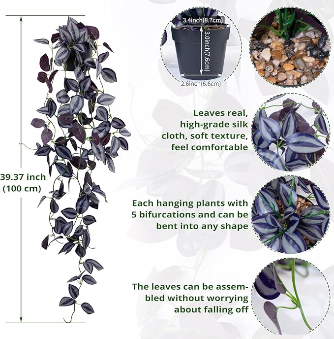 LOYWREE 2Pack Small Fake Hanging Purple Plant Artificial Potted Plants Indoor 39-in Long Faux Dark Black Vine Plant for Shelf Home Office and Outdoor Garden Decor (Black Pot)