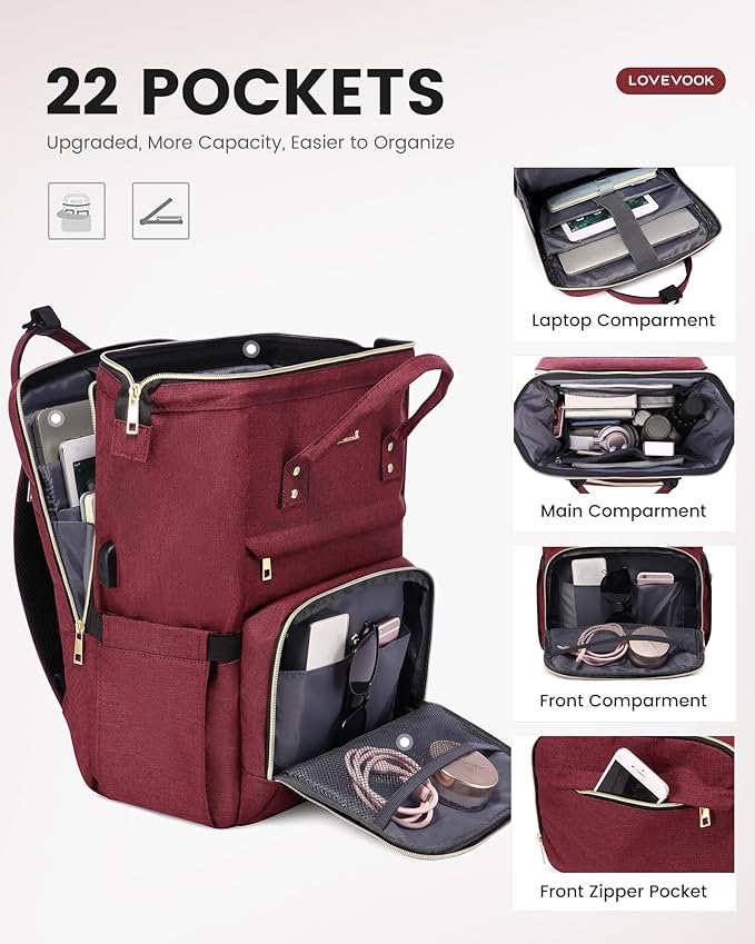 LOVEVOOK 17.3 Inch Laptop Backpack, Large Travel Backpack for Women, Water Resistant Teacher Backpack with Laptop Compartment, Professional Business Work bags with Charger, Wine Red