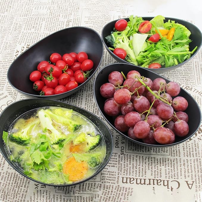 Oval Salad Bowls 34oz, Bamboo Fiber Serving Bowls Set of 6, 8.8" Large Bowls for Kitchen Eating & Restaurant, Deep Soup Bowls Set for Salad, Fruit,Pasta,Vegetable, Ramen, Dishwasher Safe, Black