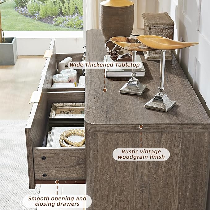 LEYAOYAO Fluted 6 Drawers Dresser, 48" Wide Modern Chest of Drawers with Wood Grain Top, Curved Profile Design, Dresser TV Stand, Wood Drawer Organizer for Bedroom, Living Room, Hallway,Grey