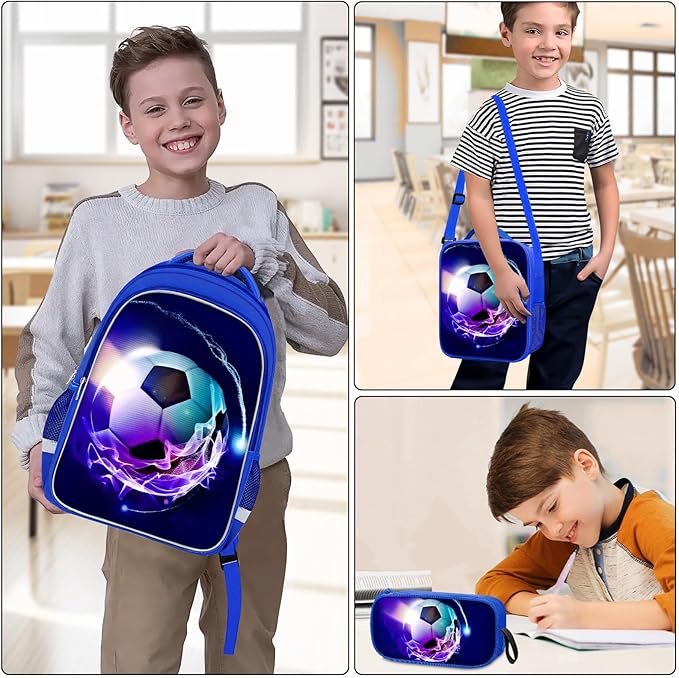 School Backpack for Boys - 4pcs Soccer Boys Backpack with Lunch Box and Pencil Case for Kids Children Teens Elementary Middle School - Students Bag for Ages 6-18,17″Bookbag Travel Back Pack