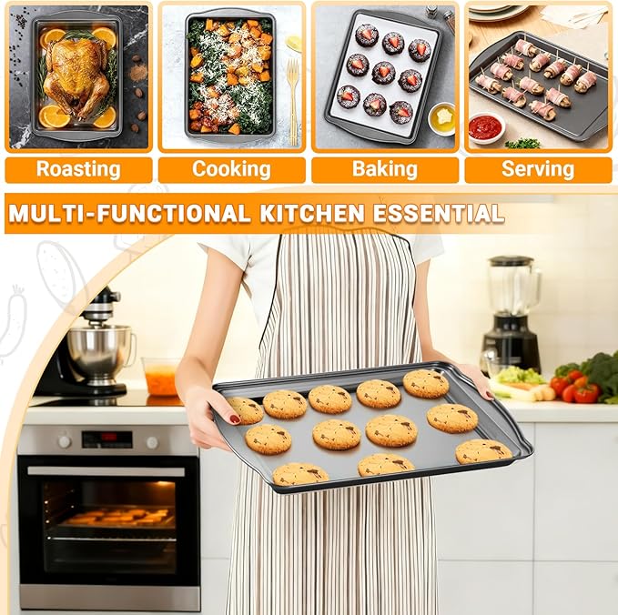 Funnydin Baking Pan Set of 3 - Carbon Steel Baking Sheets with Cooling Racks, 13/15/17 Inch, Nonstick Cookie Sheets for Baking, Rust & Warp Resistant & Stackable, Nontoxic & Heavy Duty & Easy Clean