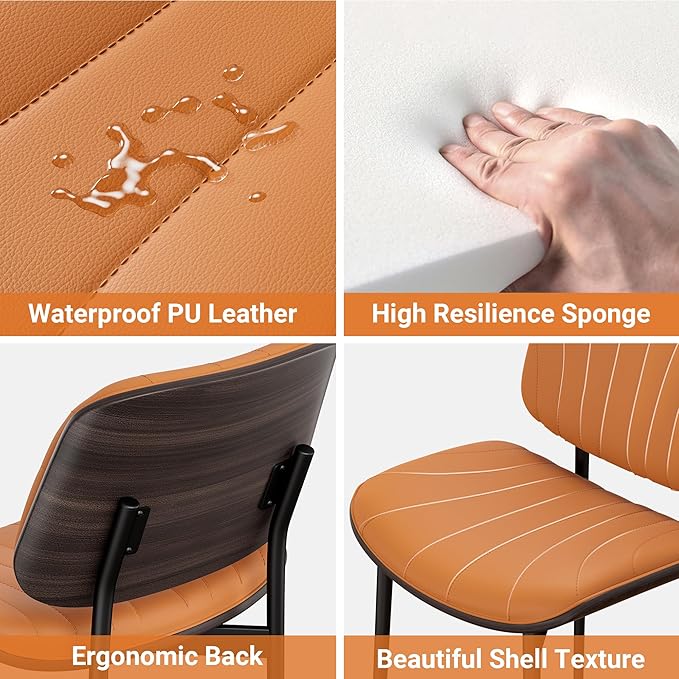 Dining Chairs Set of 4, Mid-Century Modern Upholstered PU Leather Chairs with Walnut Back and Metal Legs Adjustable Feet for Kitchen Dining Room, Orange Shell Strips