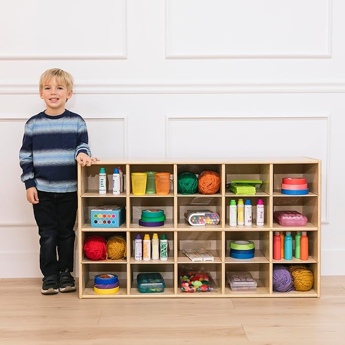 ECR4Kids Streamline 20 Cubby Tray Storage Cabinet, 4x5, Classroom Furniture, Natural