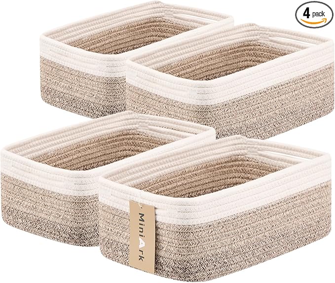 Small Storage Baskets for Organizing | Closet Organizer Bins | Shelf Toy Basket | Woven Rope Baskets | Cube Decorative Box | Shallow Basket | 13x8.5x5.1” | 4 Packs Gradient Brown