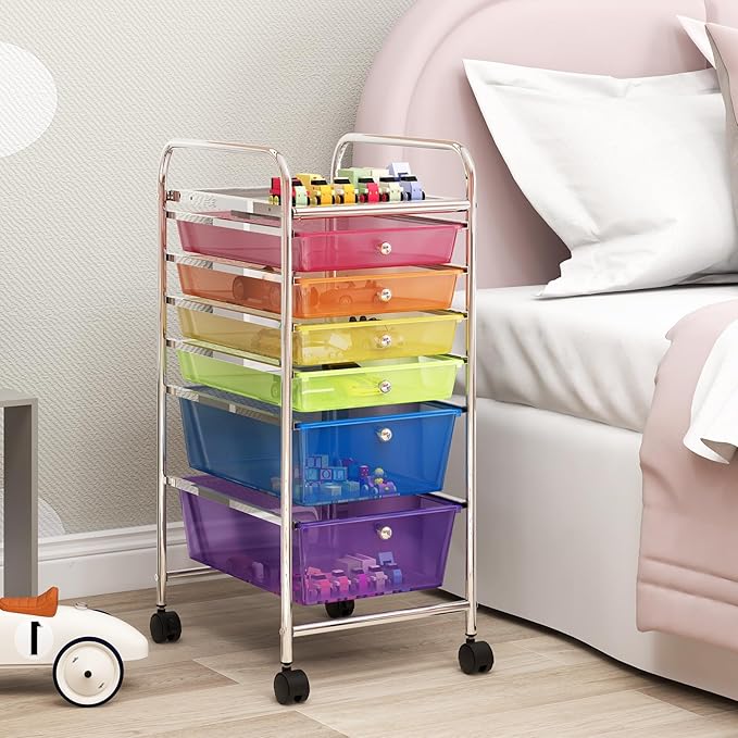 COSTWAY 6-Drawer Rolling Storage Cart, Multifunctional Art Craft Tools Organizer on Wheels, Heavy Duty Utility Mobile Storage Trolley w/ 2 Lockable Wheels for Home Office School (Rainbow)