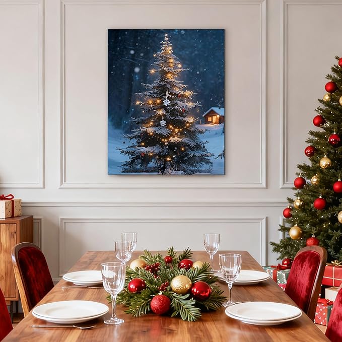 Framed Christmas Pictures Wall Decor,Vintage Pine Tree Prints,Winter Christmas Canvas Wall Art Decoration for Bedroom Bathroom Living Room Rustic Xmas Holiday Gifts (Christmas Tree 19, 24'' X 36'')