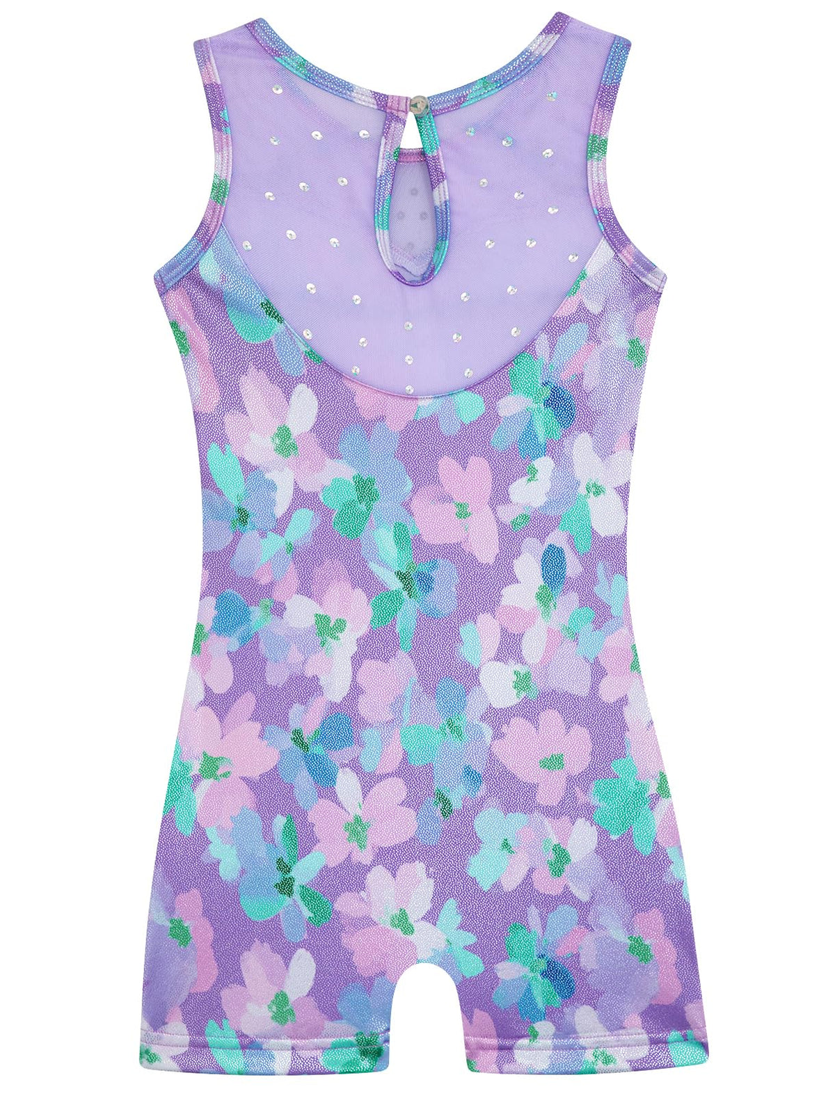 HOZIY Leotards for Girls Gymnastics Mesh Neckline with Iridescent Rhinestones Back Cut Out Sleeveless Size 6-7 Years Purple Floral Biketard Shorts Tumbling Outfits Kids Sparkly Shiny