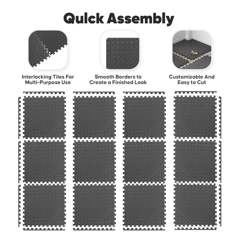 36 Pack Home Gym Mat, Puzzle Exercise Mat, EVA Interlocking Foam Floor Tiles for Home Workout Equipment and Kids' Play Areas - Blue, 24 in x 24 in x ½ in - (Black, 36 Pack (144 SQ FT))