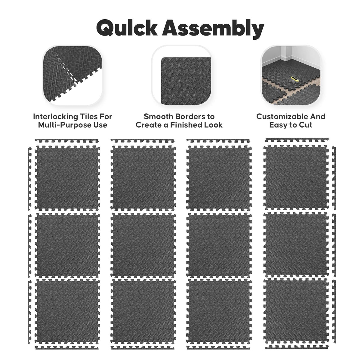 24 Pack Home Gym Mat, Puzzle Exercise Mat, EVA Interlocking Foam Floor Tiles for Home Workout Equipment and Kids' Play Areas - Black, 24 in x 24 in x ½ in - 24 Tiles (Black, 24 Pack, 96 SQ FT)