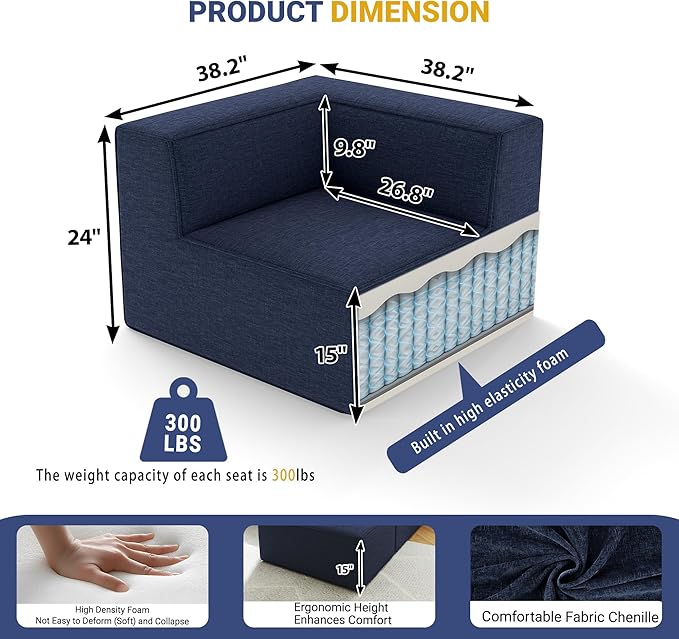 38“ Modular Sectional Sofa Convertible Cube Couch Seat Set, Combine L-Shaped U-Shaped, Free Assembly, Space-Saving for Living Room, Thick Foam Fabric Chenille Blue (Only Corner)