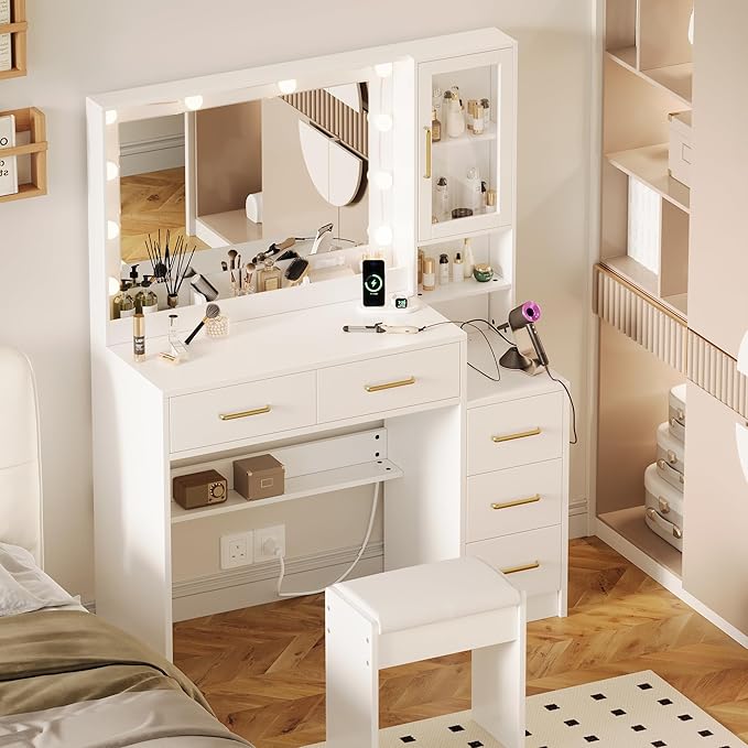 Makeup Vanity with Lights & Charging Station, White Vanity Table with 5 Drawers & Open Storage Shelves ， Bedroom Makeup Dressing Table Set for Women Girls