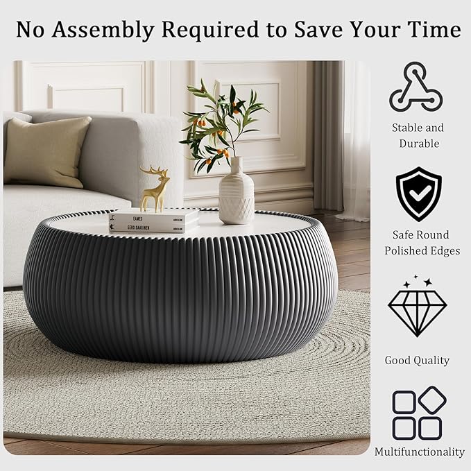 Grey Round Coffee Table with Sintered Stone Tabletop, 27.55" Drum Coffee Table with Fluted PU Leather Covered and Stable Base, Circle Cocktail Tea Table for Living Room