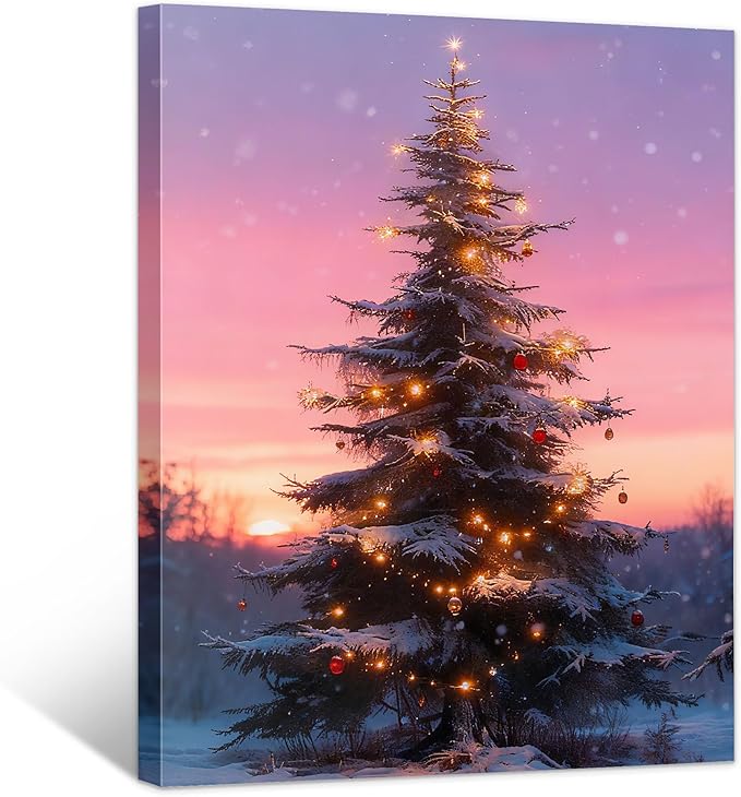 Framed Christmas Pictures Wall Decor,Vintage Pine Tree Prints,Winter Christmas Canvas Wall Art Decoration for Bedroom Bathroom Living Room Rustic Xmas Holiday Gifts (Christmas Tree 10, 16'' X 20'')