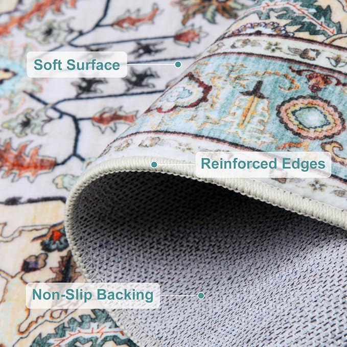 WILLSUN Washable Area Rugs, 2x3 Non-Slip Boho Small Area Rugs for Entryway, Kitchen, Bathroom, Machine Washable Vintage Rug, Indoor Floral Print Carpet for Home Decor, Kid & Pet Friendly Mat