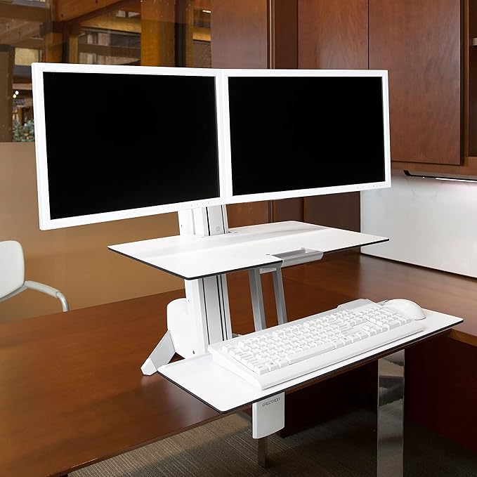 Ergotron – WorkFit-S Dual Monitor Standing Desk Converter, Sit Stand Workstation for Tabletops – with Worksurface, White