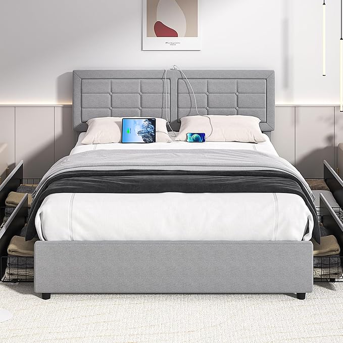 VECELO Full Size Bed Frame with 4 Drawers, Adjustable Tufted Button Headboard, Upholstered Platform with Wood Slats Support, Built-in USB and Type C Ports, Light Grey