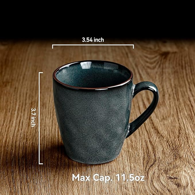 famiware Coffee Mugs Set of 4, Ocean Round 11.5oz Coffee Cup Set with Handle for Cocoa, Milk, Hot Chocolate, Tea or Water, Stoneware Cups for Kitchen, Microwave Dishwasher Safe, Deep Forest