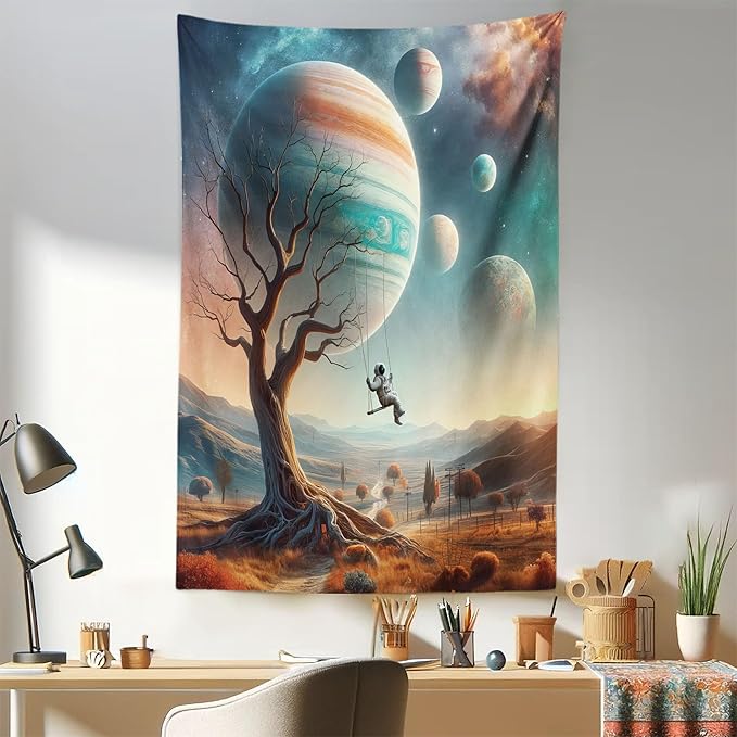 Ambesonne Space Tapestry, Scene of a Lonely Astronaut on a Swing in an Unknown Galaxy Among Planets and Trees, Fabric Wall Hanging Decor for Bedroom Living Room Dorm, 30" X 45", Teal Ginger