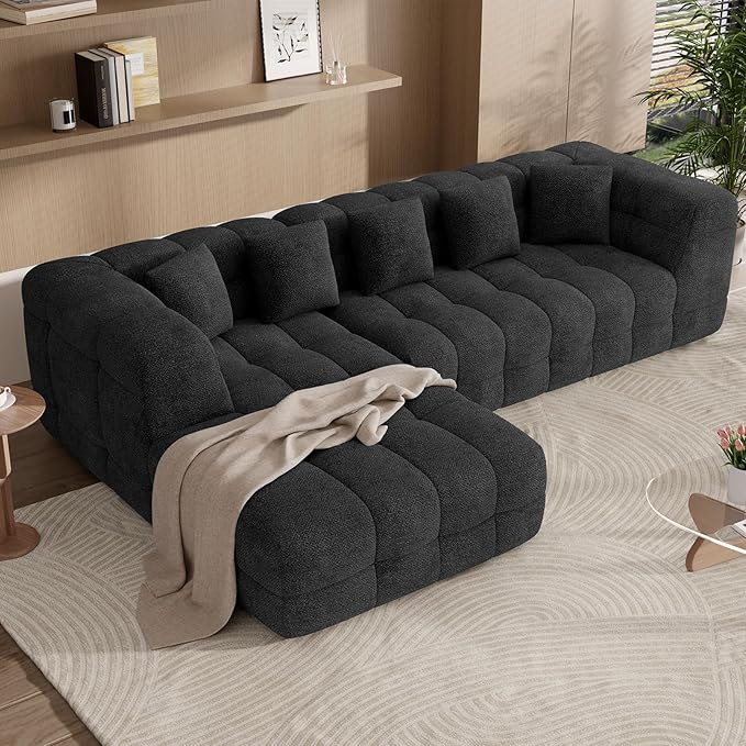 107" Modern Boneless Couch with L - Shaped Chaise, Comfy Chenille Modular Sectional Sofa with Tufted Design, Deep Seat Upholstered Sofa Bed, No - Assembly Sectional Couch, Black